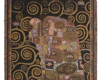 Gustav Klimt's Fulfillment Tapestry Throw: Belgian Woven Cotton Blanket for Home Decor