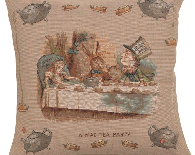 Alice in Wonderland Tea Party Jacquard Tapestry Cushion Cover - 14x14 Inch Decorative Throw Pillow