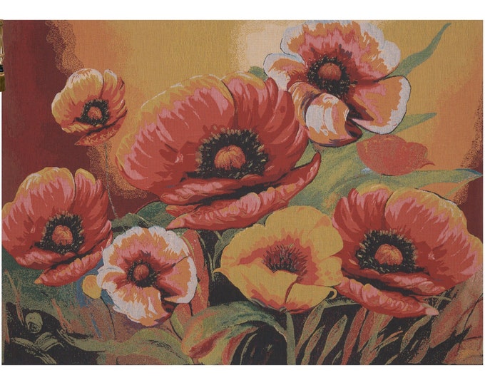 Poppies Floral Wall Tapestry: Belgian Woven Art, 33x46 inch
