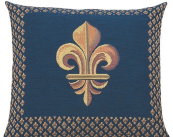 Funda de cojín con estampado de flor de lis: Cojín jacquard azul y dorado (48 x 48 cm)