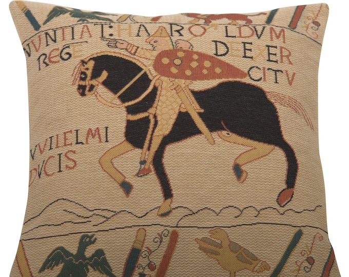 Bayeux Tapestry Cushion Cover - Horse & Rider, Woven Cotton Pillow (14x14)