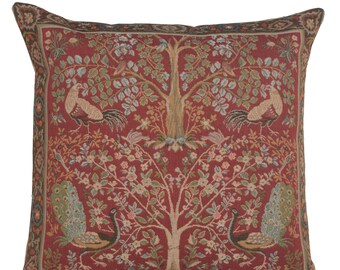 Tree in Red Medieval Art Tapestry Pillow Cover 19x19 inch - Belgian Woven Cushion Covers - Gobelin Decorative Throw Pillow Case