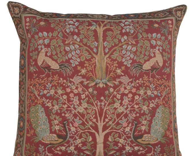 Tree in Red Medieval Art Tapestry Pillow Cover 19x19 inch - Belgian Woven Cushion Covers - Gobelin Decorative Throw Pillow Case