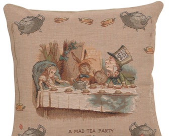 The Tea Party Alice In Wonderland I Tapestry Cushion Cover - Woven Jacquard Sofa Cushion Cover - 14x14 inch Decorative Throw Pillow Cover