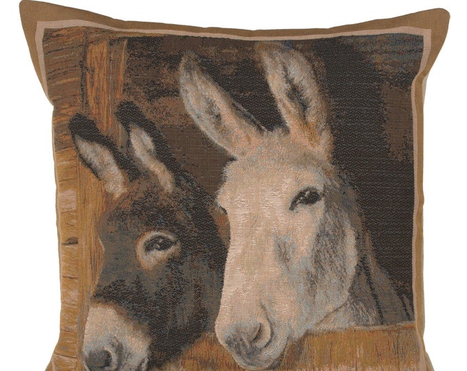 Donkeys French Tapestry Pillow Cover: Woven Animal Print Cushion (19x19 inch)