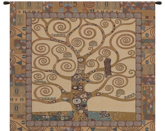 Tree of Life by Gustav Klimt European Wall Tapestry - Jacquard Wall Decor Art - Woven Italian Wall Tapestry - Bronze Background Wall Hanging