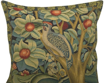 William Morris Woodpecker Throw Pillow Covers 18x18 inch, Belgian Woven Tapestry Forest Decorative Cushion Cover, Golbein Sofa Pillow Cases