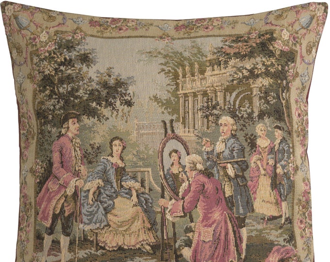 Belgian Woven, Tapestry Pillow Covers, 18x18, Elegant Scenery Dancing Couple, Cushion Covers, Artwork By Francois Boucher, Gift For Women