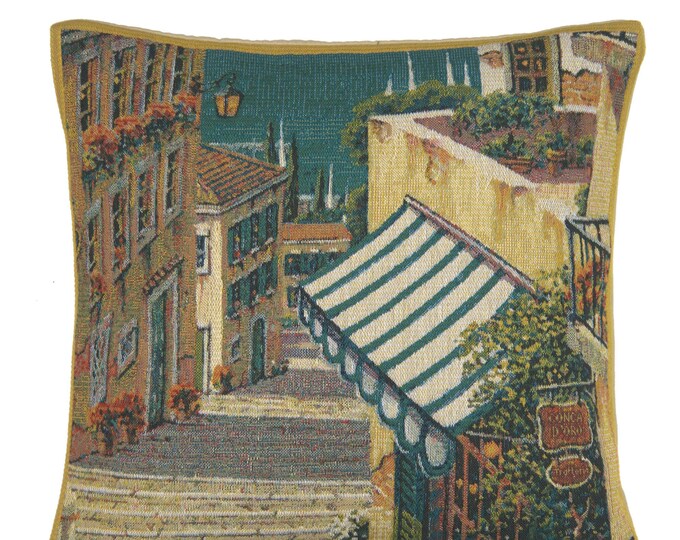Bellagio Village Tapestry Pillow Cover: Belgian Woven Cushion, 17x17 inch