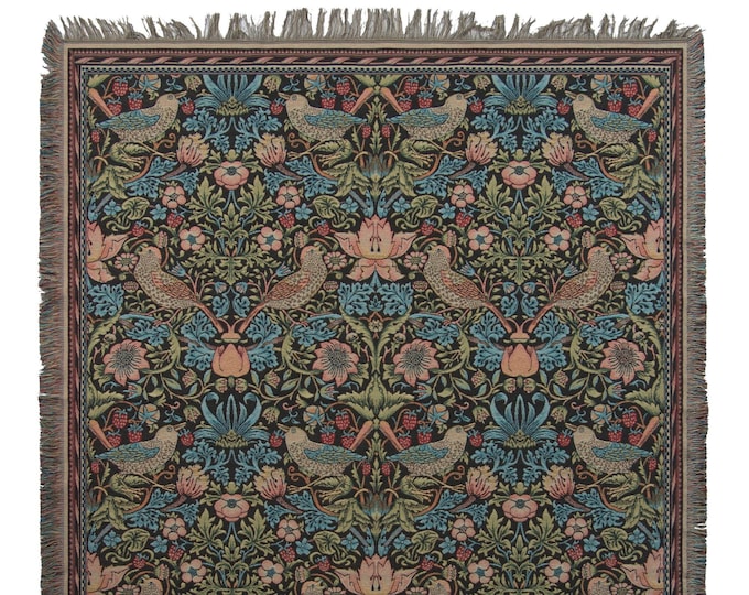 William Morris Strawberry Thief Tapestry Throw: Belgian Woven Blanket (60x60 inch)