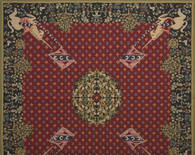 Lady and Unicorn Tapestry Throw: Belgian Jacquard Woven Medieval Blanket