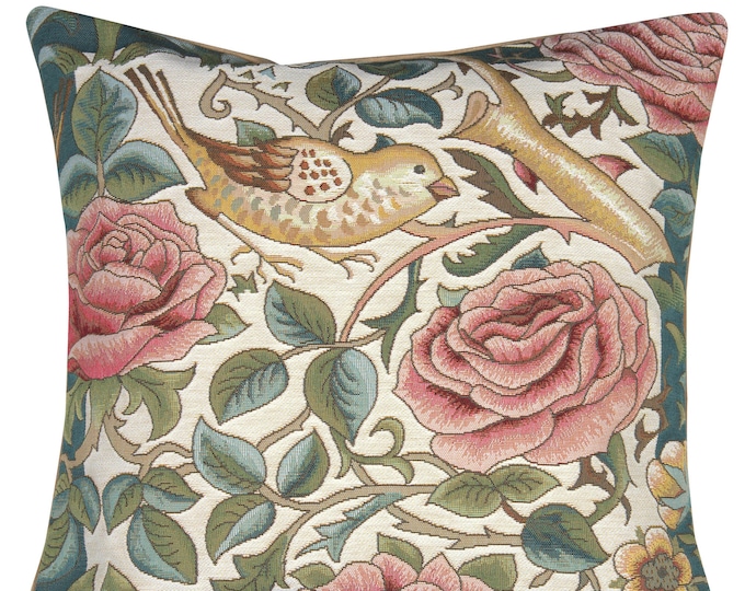 William Morris Tapestry Pillow Cover: Roses and Birds Woven Cushion (19x19 Inch)
