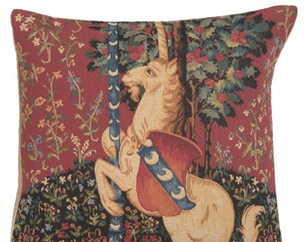 Medieval Unicorn Sitting Tapestry Pillow Cover - Belgian Woven Cushion Cover 18x18 - Decorative Throw Pillows Case Gift for Women