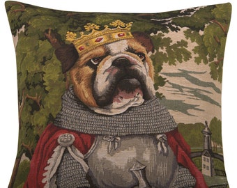 Belgian Chien Arthur Cushion Cover, 18x18 - Woven in Belgium - BullDog Decor, Pillow, Tapestry - Medieval Knight Armour - Unique Gift