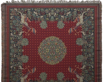 The Unicorn I Tapestry Throw Blanket 58x58 inch – Belgian Woven Unicorn Blanket – Square Red Medieval Throw