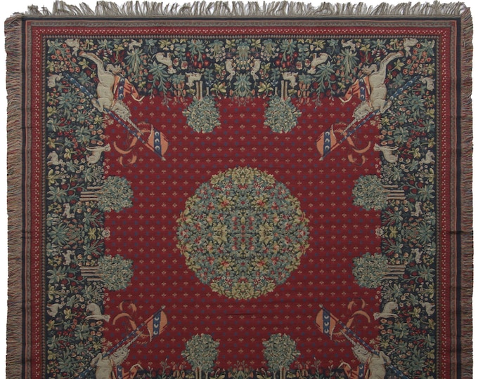 The Unicorn I Tapestry Throw Blanket 58x58 inch – Belgian Woven Unicorn Blanket – Square Red Medieval Throw