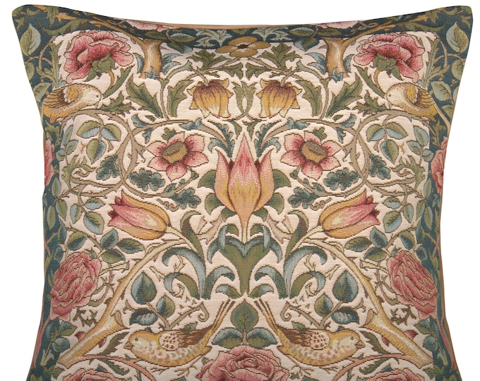 William Morris Roses and Birds White Tapestry Pillow Cover 19x19 Inch - Floral Woven Cushion Cover in France - Perfect Gift