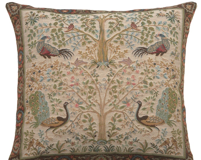 Tree in Cream Tapestry Pillow Cover 19x19 inch - Life of Trees Decorative Woven Cushion Case - Cream Gobelin Sofa Throw Pillow Cover