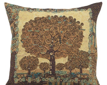 Woven Tree of Life Tapestry Pillow Cover 18x18 inch - Belgian Floral Cushion for Sofa, Housewarming Gift