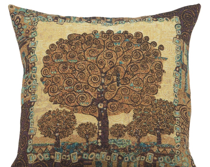Woven Tapestry Tree of Life Pillow Cover: Belgian Floral Cushion (18x18)