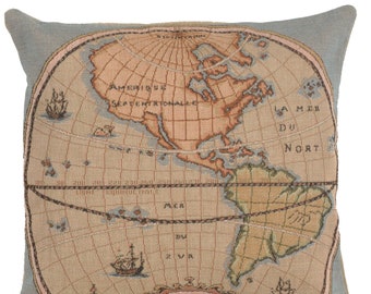 Map of Americas I French Tapestry Cushion Cover - Woven Square Pillow Case - Throw Cushion Cover - 14x14 inch Gobelin Sofa Pillow Cover