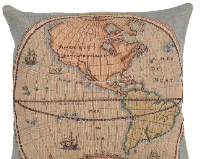 Map of Americas Tapestry Cushion Cover: French Woven Pillow (14x14 inch)