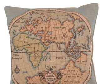 Map of Europe Asia and Africa French Tapestry Cushion Cover - 14x14 inch Woven Gobelin Sofa Pillow Cover - Decorative Throw Cushion Cover