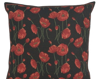 Little Poppys Red Floral Tapestry Pillow Cover - Belgian Gobelin Cushion Cover 16x16 - Woven Decorative Throw Pillow Case