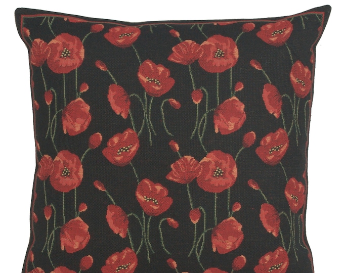 Red Poppy Tapestry Pillow Cover: Belgian Woven Floral Cushion (16x16)