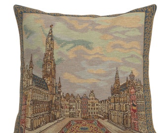 Grand Place Brussels Tapestry Cushion Cover 16x16 inch – Woven Decorative Pillow Cover – Square Throw Pillows Case for Couch