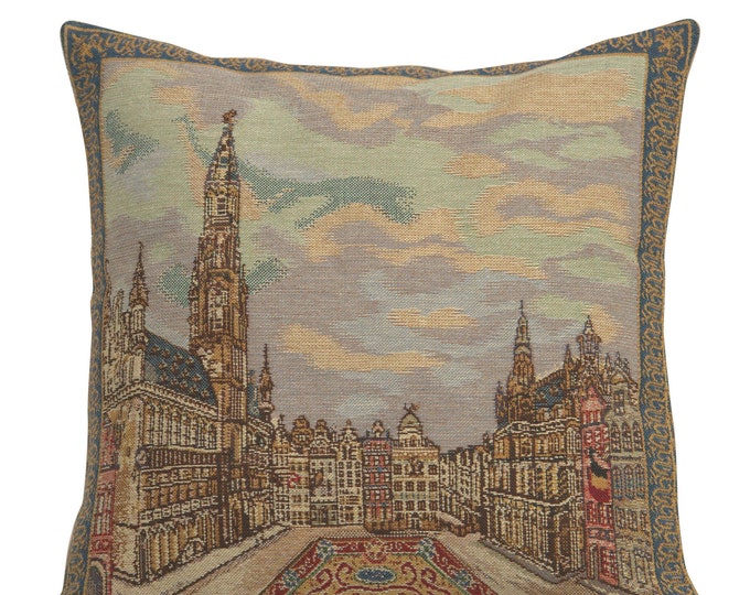 Grand Place Brussels Tapestry Cushion Cover 16x16 inch – Woven Decorative Pillow Cover – Square Throw Pillows Case for Couch
