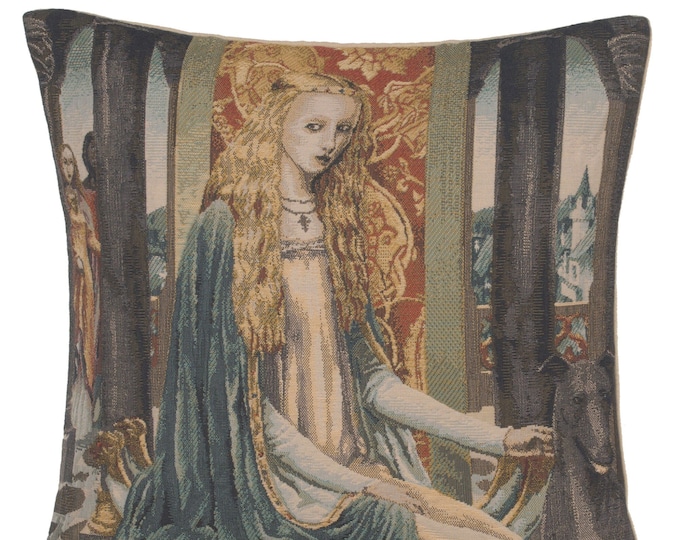 Lady of the Fountain Tapestry Cushion Cover: Belgian Woven Cotton Pillow