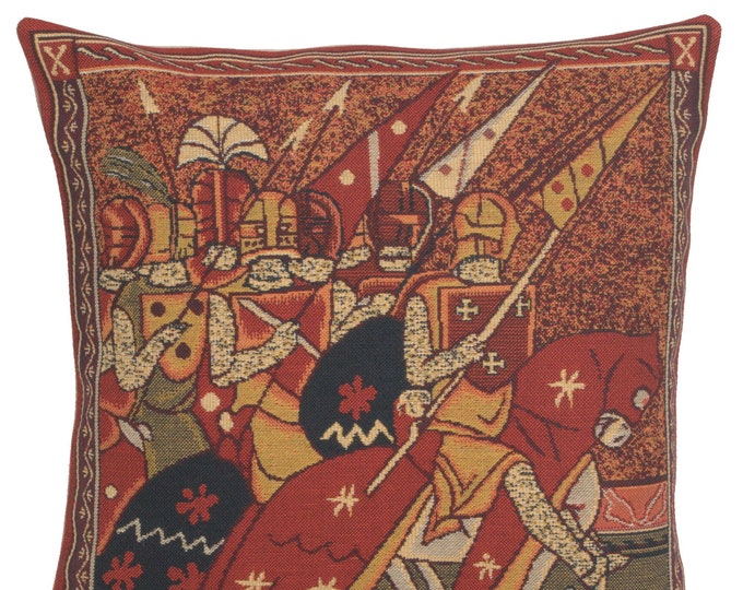 Godfroid Belgian Tapestry Pillow Cover: Medieval Crusades Woven Cushion
