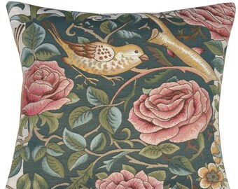 William Morris Zoom Bird & Roses Blue Tapestry Pillow Cover 19x19 Inch - Morris Art Cushion Covers - Floral Decorative Pillow Cover