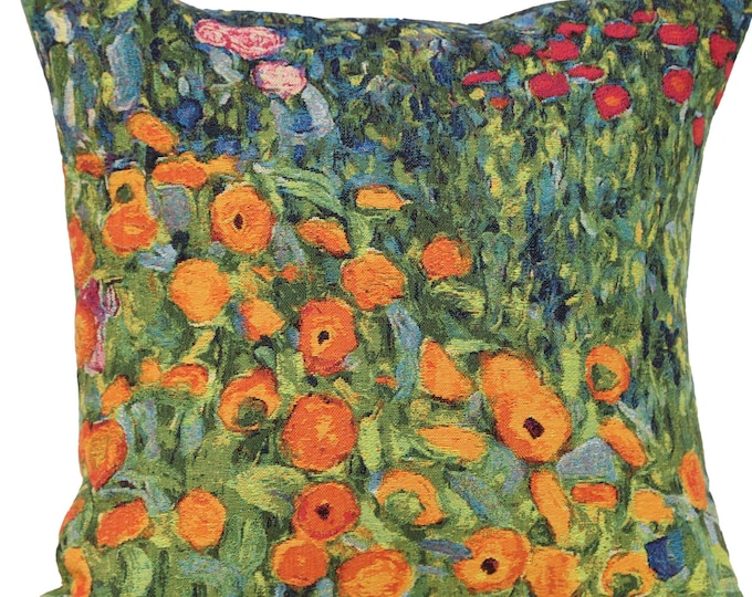 Klimt's Flower Garden IV Tapestry Cushion Cover - 18x18 inch Belgian Jacquard Woven Art Pillow