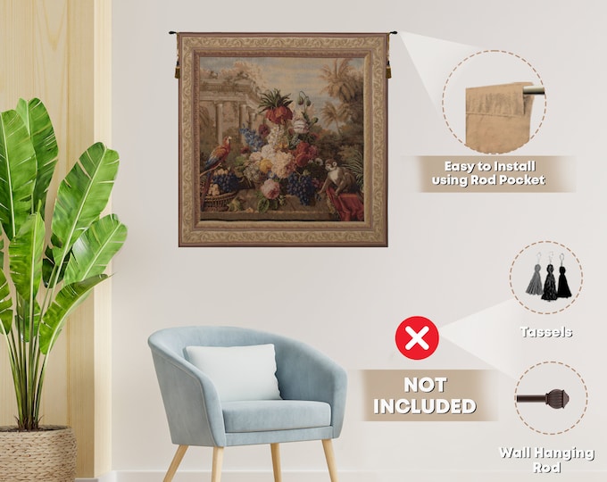 Exotic Monkey & Floral Bouquet Tapestry - French Woven Wall Art