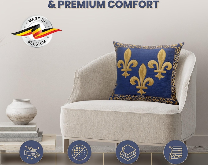 Fleur de Lys Blue Velvet Pillow Cover: Gobelin Woven Cotton Throw Pillow