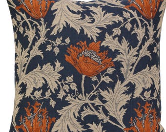 Anemone Floral Tapestry Pillow Cover: Blue Rust Woven Cushion, 16x16 inch