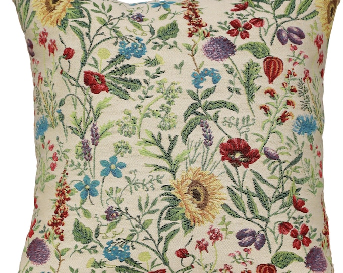 Wildflower Tapestry Pillow Cover: Belgian Woven Cotton Cushion, 18x18 Inch