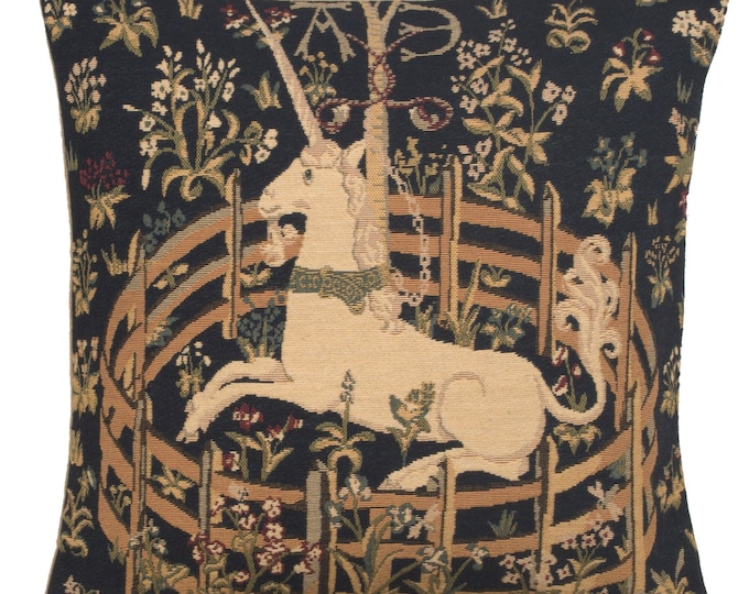 Medieval Unicorn Tapestry Pillow Cover - Belgian Woven Cushion Case for Home Decor 18x18 Inch
