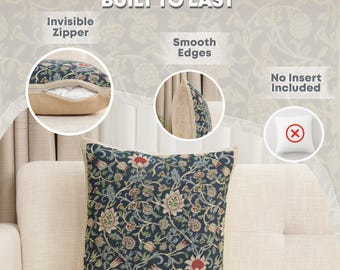William Morris Blue Fleurs Tapestry Pillow Cover - Decorative Jacquard Woven Cushion Cover - Throw Pillow Case 16x16