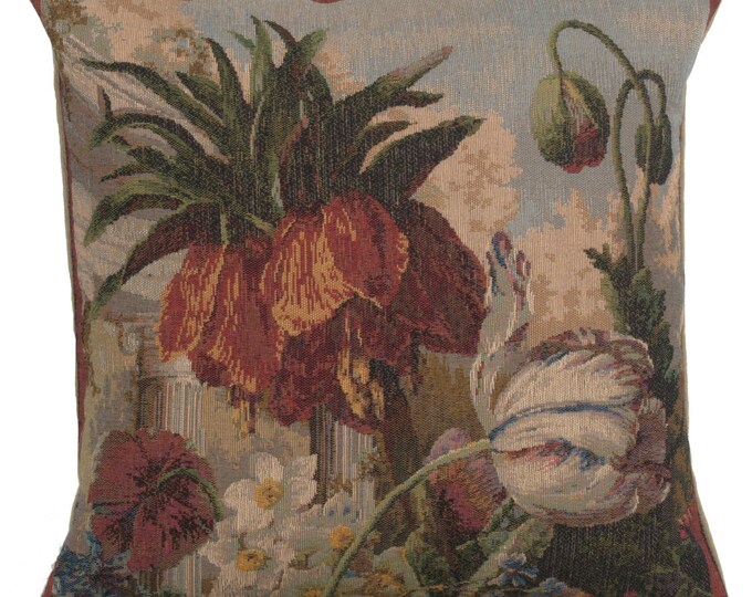 Floral Tapestry Pillow Cover, Exotic Flower Woven Cushion, 19x19 inch