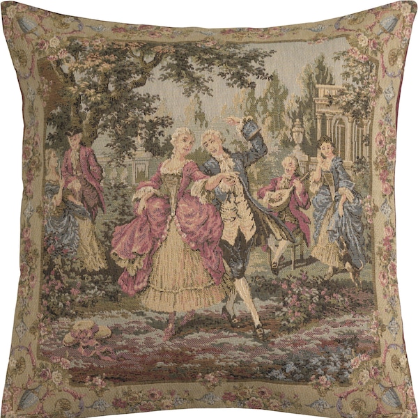 Housses d'oreiller en tapisserie tissée belge, 18 x 18, oeuvre de François Boucher, couple de danseurs de paysage élégant, housse de coussin, taie d'oreiller de canapé