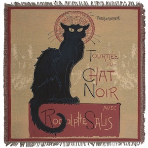 Chat Noir ベルギー織りスロー 58 x 58 インチ – Rodolphe Salis 猫アートブランケット – エレガントなホームデコレーションタペストリースロー