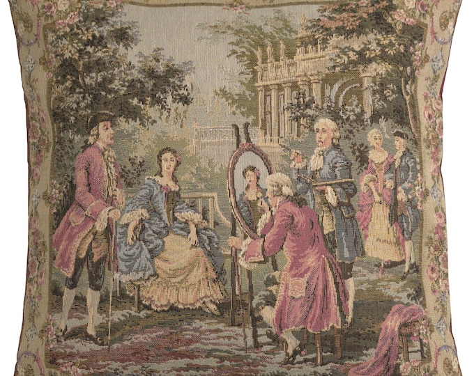 Belgian Woven Tapestry Pillow Cover: Francois Boucher 'Garden Party' Artwork