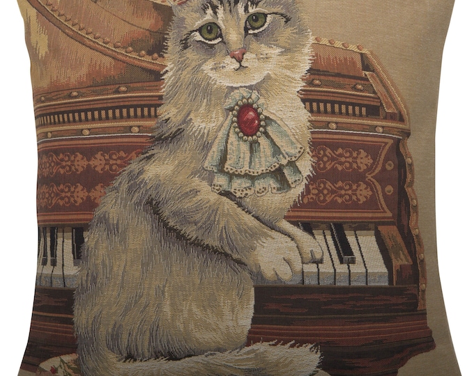 Musical Cat Tapestry Pillow Cover: Belgian Woven Cotton Cushion (18x18)