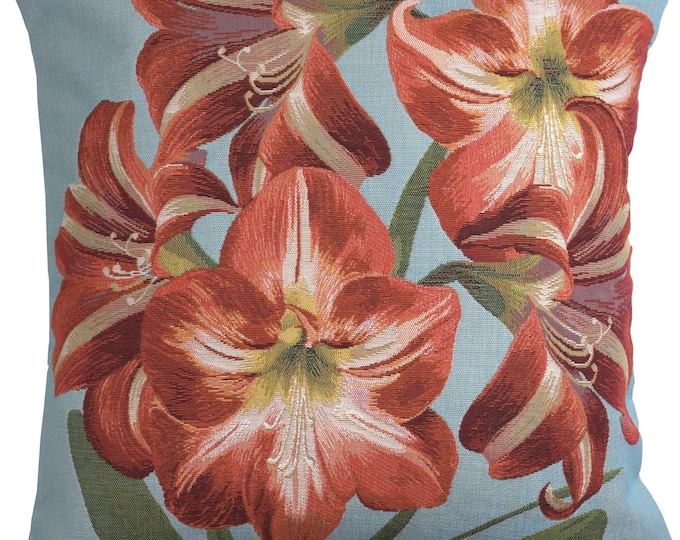 Amaryllis Floral Tapestry Cushion Cover: French Blue, 19x19 Cotton Pillow