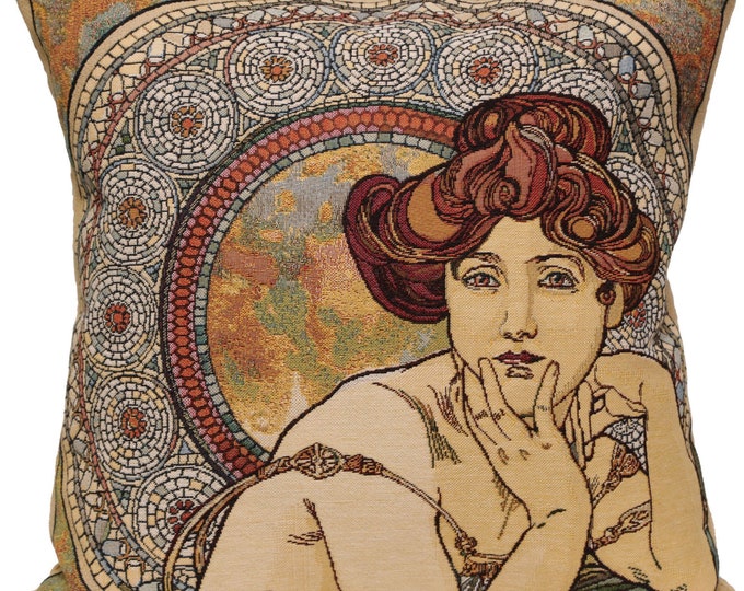 Mucha Tapestry Cushion Cover: Art Nouveau Jacquard Woven Throw Pillow