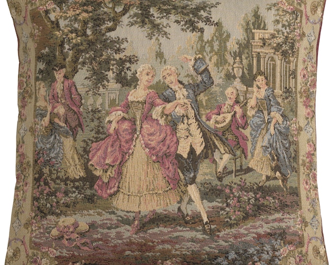 Elegant Belgian Woven Tapestry Pillow Cover: Francois Boucher Dancing Couple Artwork, 18x18  Cushion Case