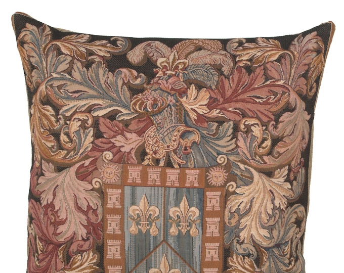 French Tapestry Pillow Cover: Armoires Au Heaume, Woven Cotton Cushion (19x19 inch)